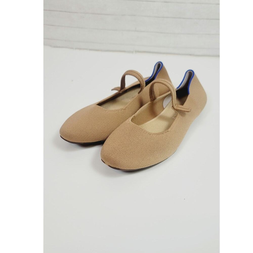 Rothy's Tan Knit Mary Jane Flats with Blue Heel Accent